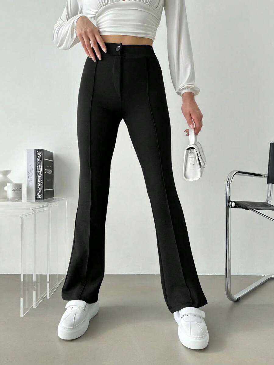 RueChic Solid Flare Leg Pants - Black - View 1
