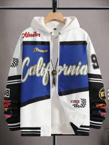 Manfinity EMRG Lỏng lẻo phù hợp Nam Đồ họa Chữ cái Khối màu Dây kéo Áo khoác bomber - Xanh và trắng - Xem 1