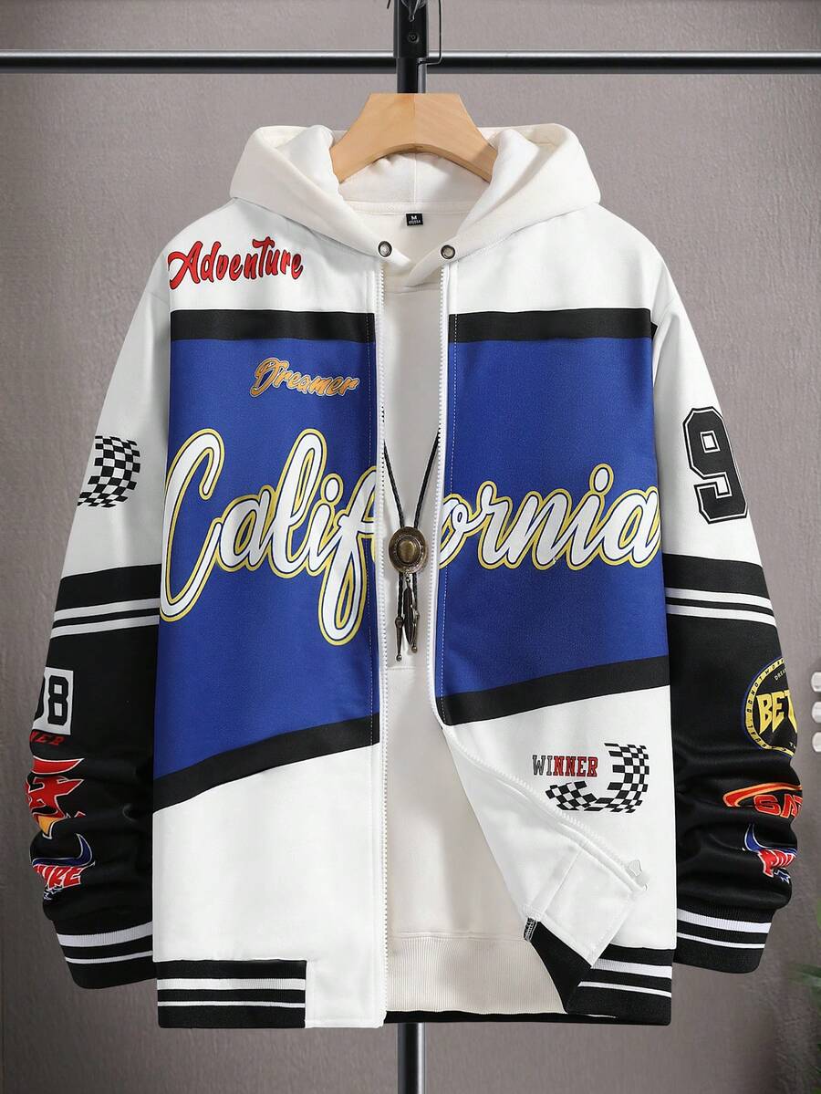 Manfinity EMRG Lỏng lẻo phù hợp Nam Đồ họa Chữ cái Khối màu Dây kéo Áo khoác bomber - Xanh và trắng - Xem 1