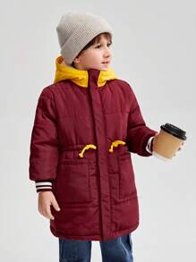 SHEIN Cappotto imbottito con cappuccio, vita con coulisse e dettagli a contrasto, foderato termicamente per ragazzo giovane - Bordò - Visualizzare 5