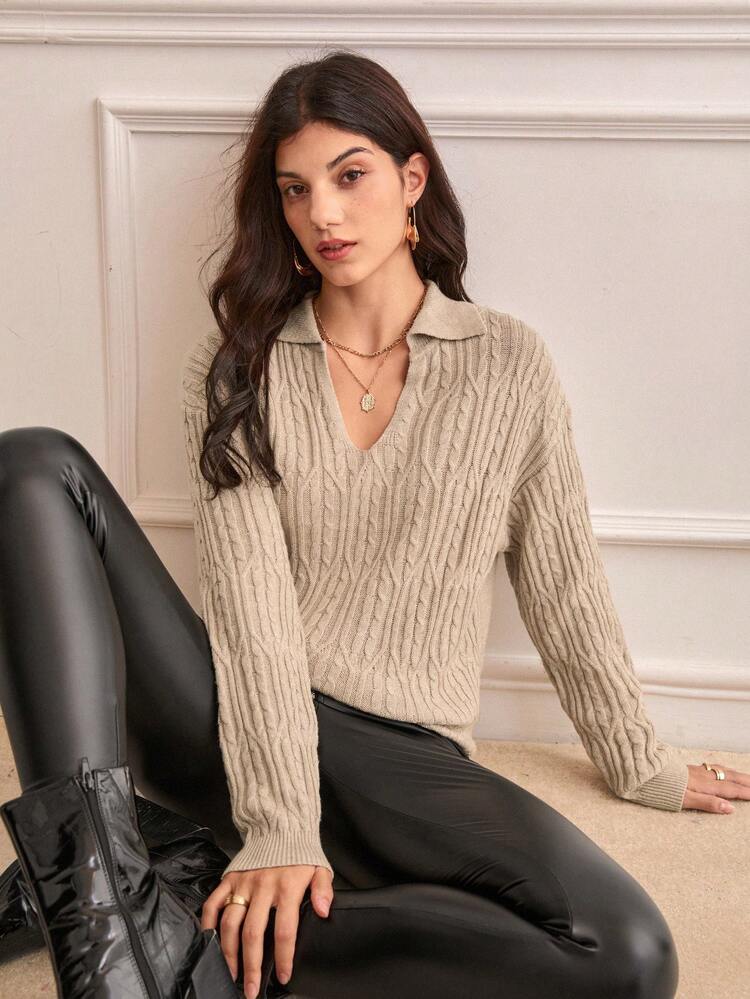 Cable Knit Drop Shoulder Sweater Winter Brown Casual