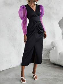 SHEIN Clasi เดรส บล็อคสี จับจีบ ผ่าสูง - สีดำ - ดู 6