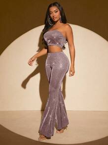 SHEIN SXY Glitter Crop Tube Top & Flare Leg Pants - Dusty Pink - View 1