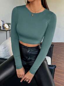 SHEIN Essnce Camiseta crop unicolor - Azul - Ver 4