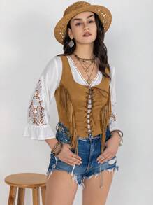 Rusttydustty Lace lên phía trước Viền rìa Áo ba lỗ - màu nâu - Xem 7