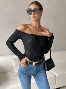 SHEIN Privé Off Shoulder Lettuce Trim Eyelet Embroidery Tee - Black - View 3