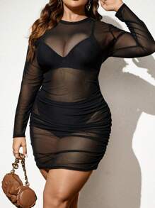 NU&NOW 大碼褶邊網紗緊身連衣裙不附帶內衣褲套裝 - 黑色 - 查看 3