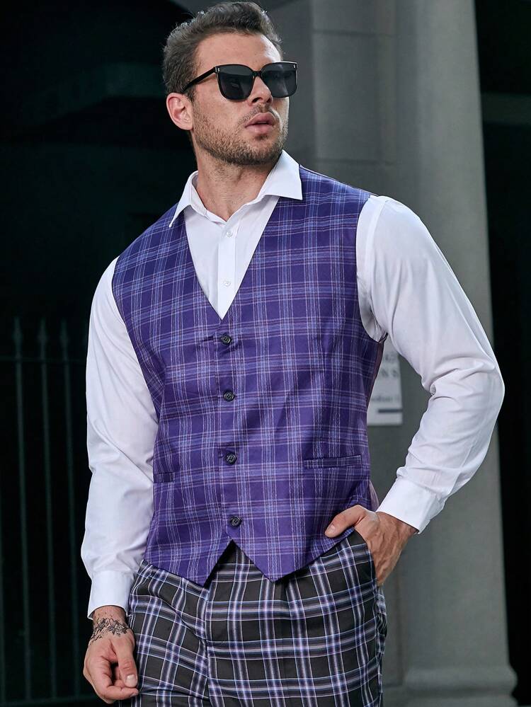 Men Plus Plaid Print Waistcoat Without Shirt