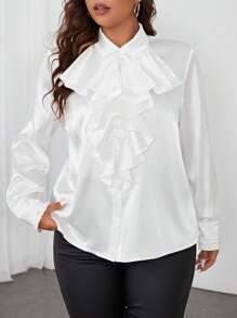 SHEIN Privé Plus Jabot Collar Lantern Sleeve Shirt - White - View 4
