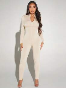 SHEIN SXY 半拉鏈門襟彈力緊身連體褲 - 米色 - 查看 3