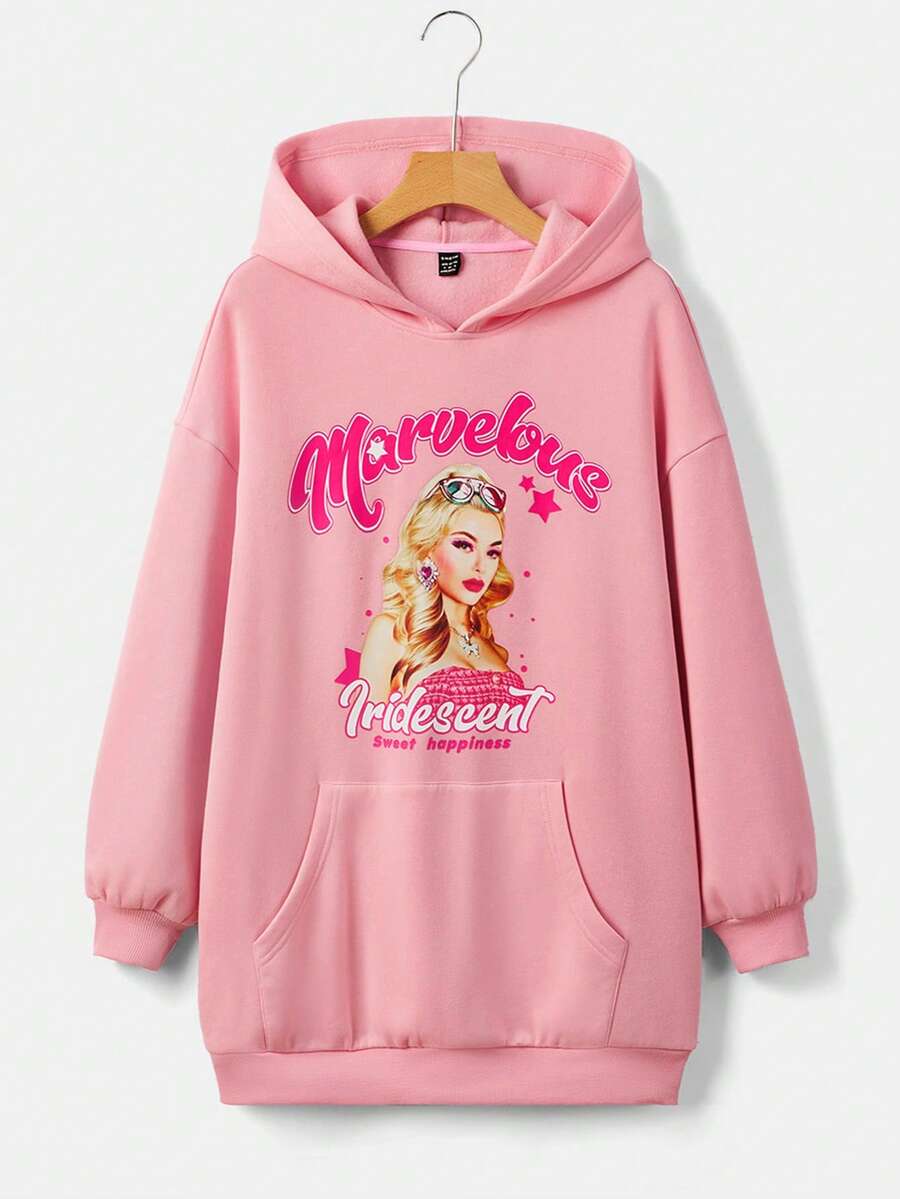 SHEIN EZwear Khẩu hiệu & Hình ảnh Túi kangaroo Thả vai Váy Hoodie - Hồng - Xem 1