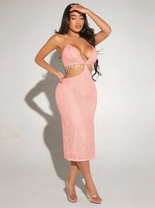SHEIN SXY Lace Up Backless Split Thigh Halter Dress - Coral Pink - View 5