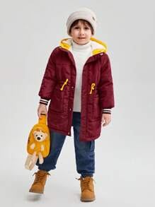 SHEIN Cappotto imbottito con cappuccio, vita con coulisse e dettagli a contrasto, foderato termicamente per ragazzo giovane - Bordò - Visualizzare 4