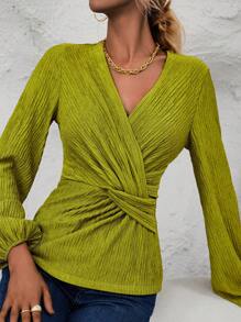 SHEIN Clasi Mặt trước xoắn Tay áo lồng đèn Áo thun - Màu xanh Ô liu - Xem 3