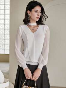 Choker Neck Lantern Sleeve Tee - White - View 1
