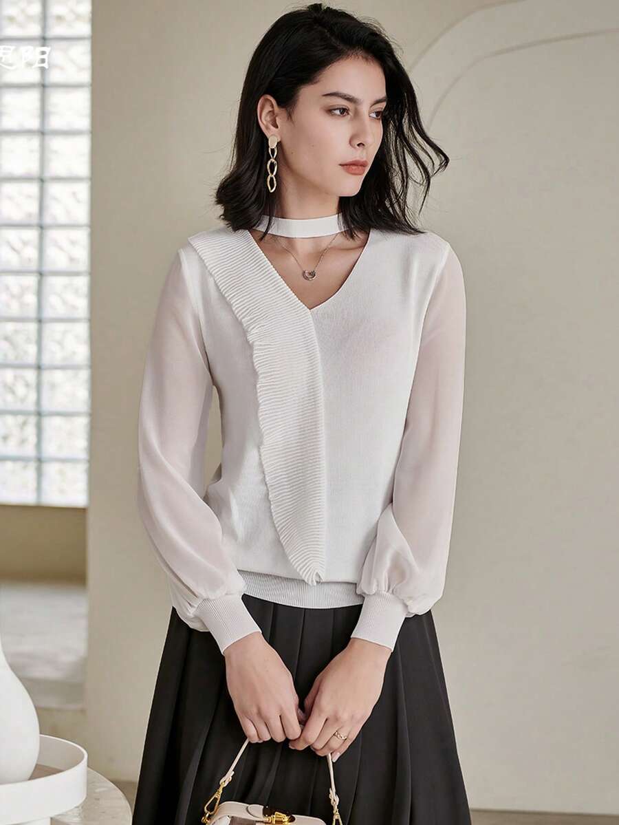 Choker Neck Lantern Sleeve Tee - White - View 1