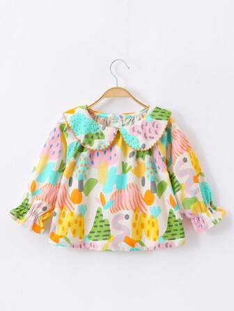 女小童卡通圖案彼得潘領喇叭袖襯衫