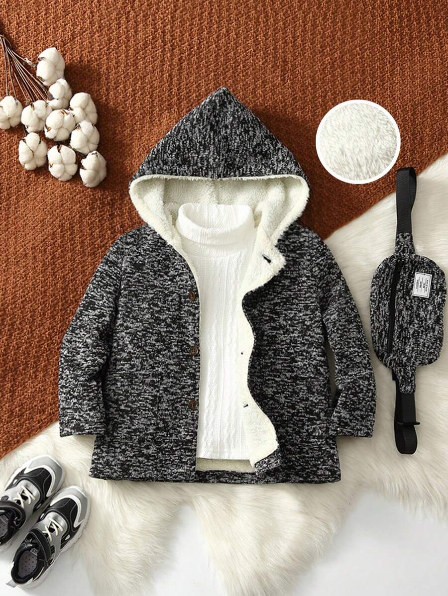 SHEIN Áo khoác trùm đầu phong cách đường phố thoải mái cho bé trai, dáng rộng, lót gấu bông, có mũ và túi (không có áo len) mùa đông - Màu xám đen - Xem 1