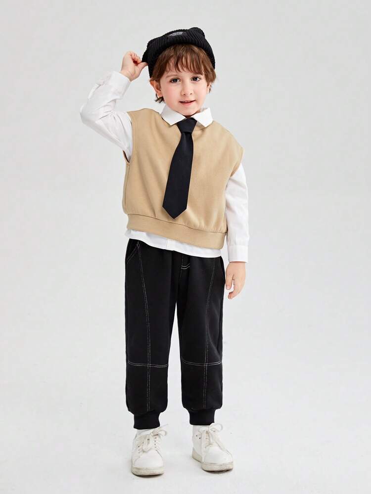 SHEIN 男小童素色襯衫&頂針長褲&運動衫&系帶 - 彩色 - 查看 1