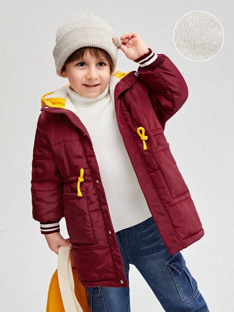 Young Boy Drawstring Waist Contrast Trim Hooded Thermal Lined Padded Coat