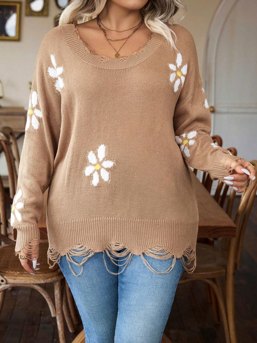 Calvaya Hơn Mô hình hoa Thả vai Áo len Distressed - Lạc đà - Xem 1