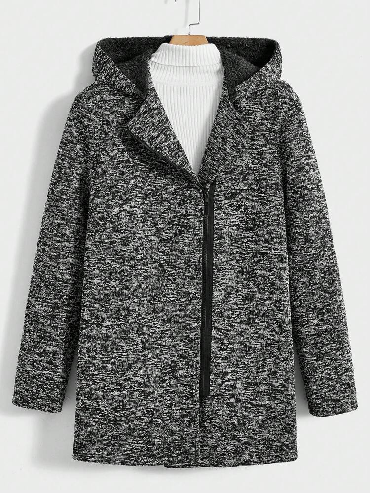 Men Zip Up Teddy Lined Hooded Coat Without Sweater, For Fall Winter