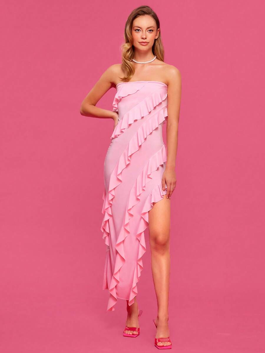 SHEIN Cottnline Layered Ruffle Trim Asymmetrical Hem Tube Dress - Baby Pink - View 1