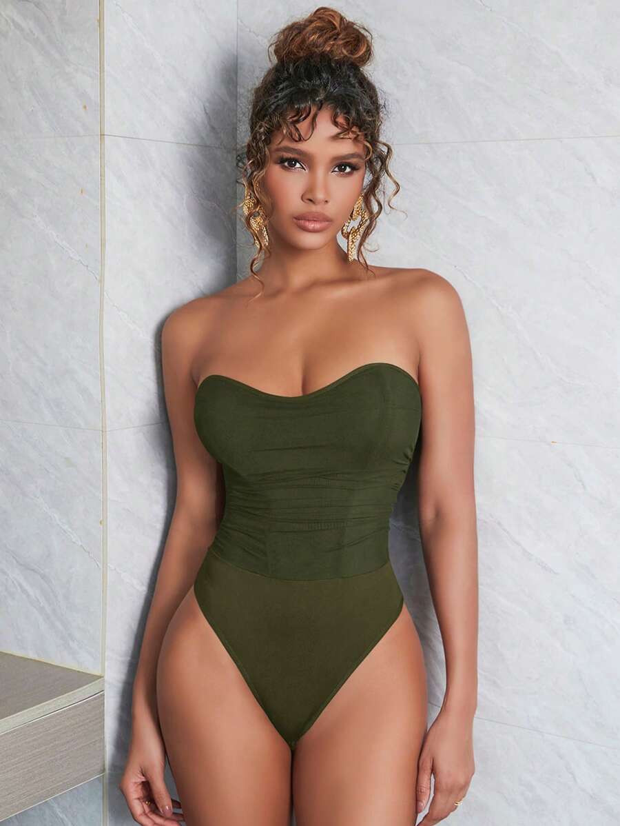 Apperloth A 纯色网纱褶皱抹胸束身衣，性感优雅，适合音乐节夏季穿着 - 綠色 - 查看 1