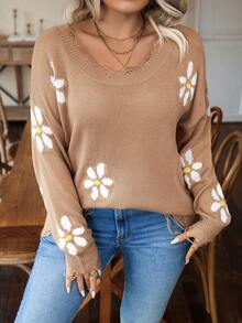 Calvaya Hơn Mô hình hoa Thả vai Áo len Distressed - Lạc đà - Xem 6