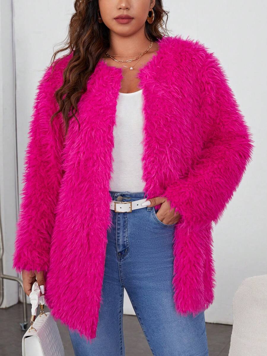 SHEIN Privé 大碼假皮草外套 - 玫紅色 - 查看 1