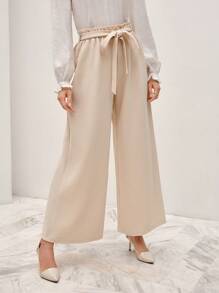SHEIN Frenchy Nếp gấp cao eo Thắt lưng Quần ống rộng - Màu be - Xem 3