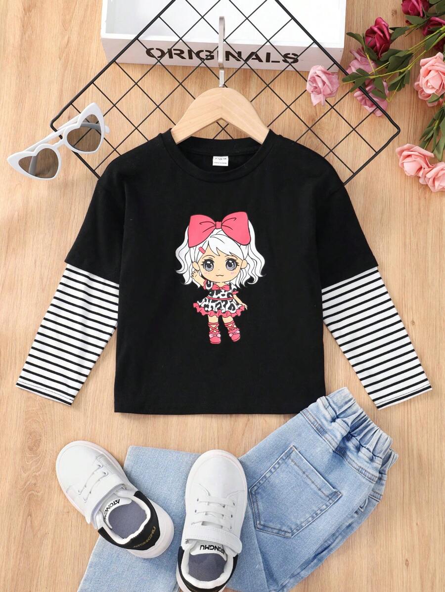 SHEIN Chica Joven Camiseta 2 en 1 de rayas & con estampado de figura - Multicolor - Ver 1