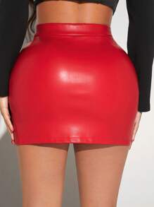 SHEIN SXY Split Hem PU Leather Bodycon Skirt - Red - View 2