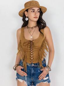 Rusttydustty Lace lên phía trước Viền rìa Áo ba lỗ - màu nâu - Xem 6