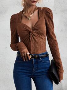 SHEIN Clasi Tricou cu mânecă gigot răsucită - Maro - Vizualizare 1