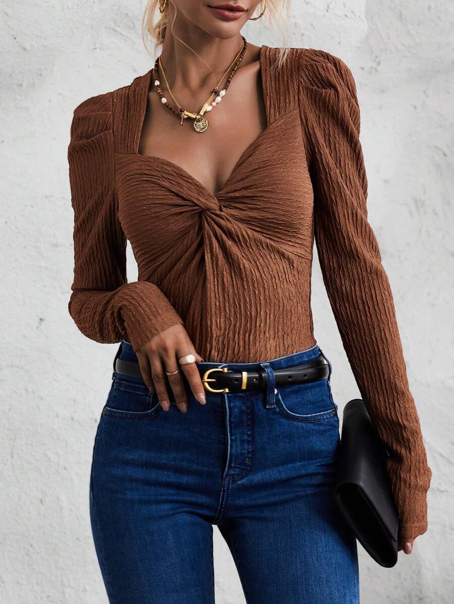 SHEIN Clasi Mặt trước xoắn Tay áo Áo thun - màu nâu - Xem 1