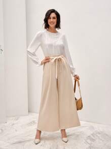 SHEIN Frenchy Nếp gấp cao eo Thắt lưng Quần ống rộng - Màu be - Xem 7