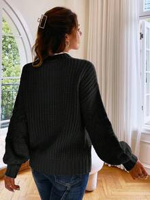 Simplee Cable Knit Drop Shoulder Sweater - Black - View 2