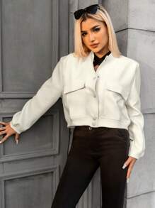 GENKIRA Flap Pocket Bomber Jacket - Beige - View 5