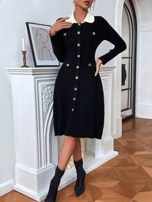 优雅针织连衣裙，有领，长袖，百搭秋冬时尚，女士欧式长裙，长款派对连衣裙 - 黑色 - 查看 7