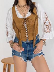 Rusttydustty Lace lên phía trước Viền rìa Áo ba lỗ - màu nâu - Xem 8