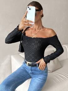 SHEIN Privé Off Shoulder Lettuce Trim Eyelet Embroidery Tee - Black - View 7