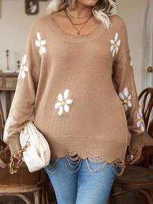 Calvaya Hơn Mô hình hoa Thả vai Áo len Distressed - Lạc đà - Xem 4