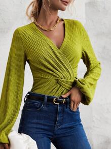 SHEIN Clasi Mặt trước xoắn Tay áo lồng đèn Áo thun - Màu xanh Ô liu - Xem 6
