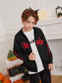 SHEIN 青少年男孩单件字母图案拉链卫衣 - 黑色 - 查看 5