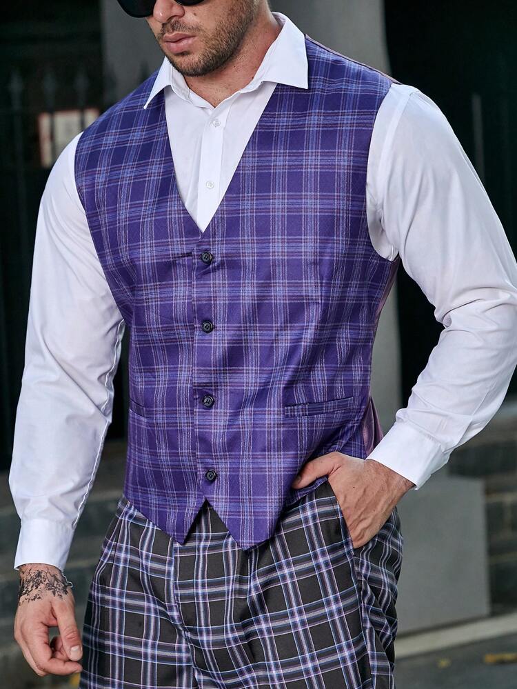 Men Plus Plaid Print Waistcoat Without Shirt