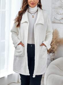 SHEIN LUNE 大碼雙口袋開門襟絨毛外套 - 白色 - 查看 4