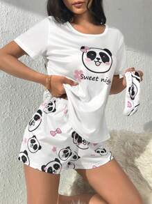 Panda & Slogan Graphic White Top & Shorts PJ Set / Pajama Set With Eye Mask Bridallingerie - White - View 3