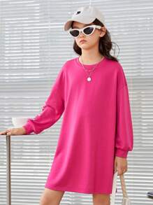 SHEIN 女大童標語&印花落肩袖衛衣洋裝 - 玫紅色 - 查看 2