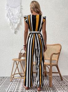 Breezaya Ruffle Trim Belted Striped Jumpsuit - Multicolor - View 2